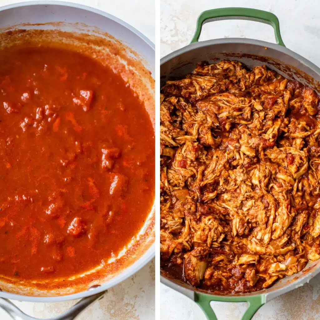 2 images: red sauce simmering in a skillet on the left and with shredded chicken added to it on the right