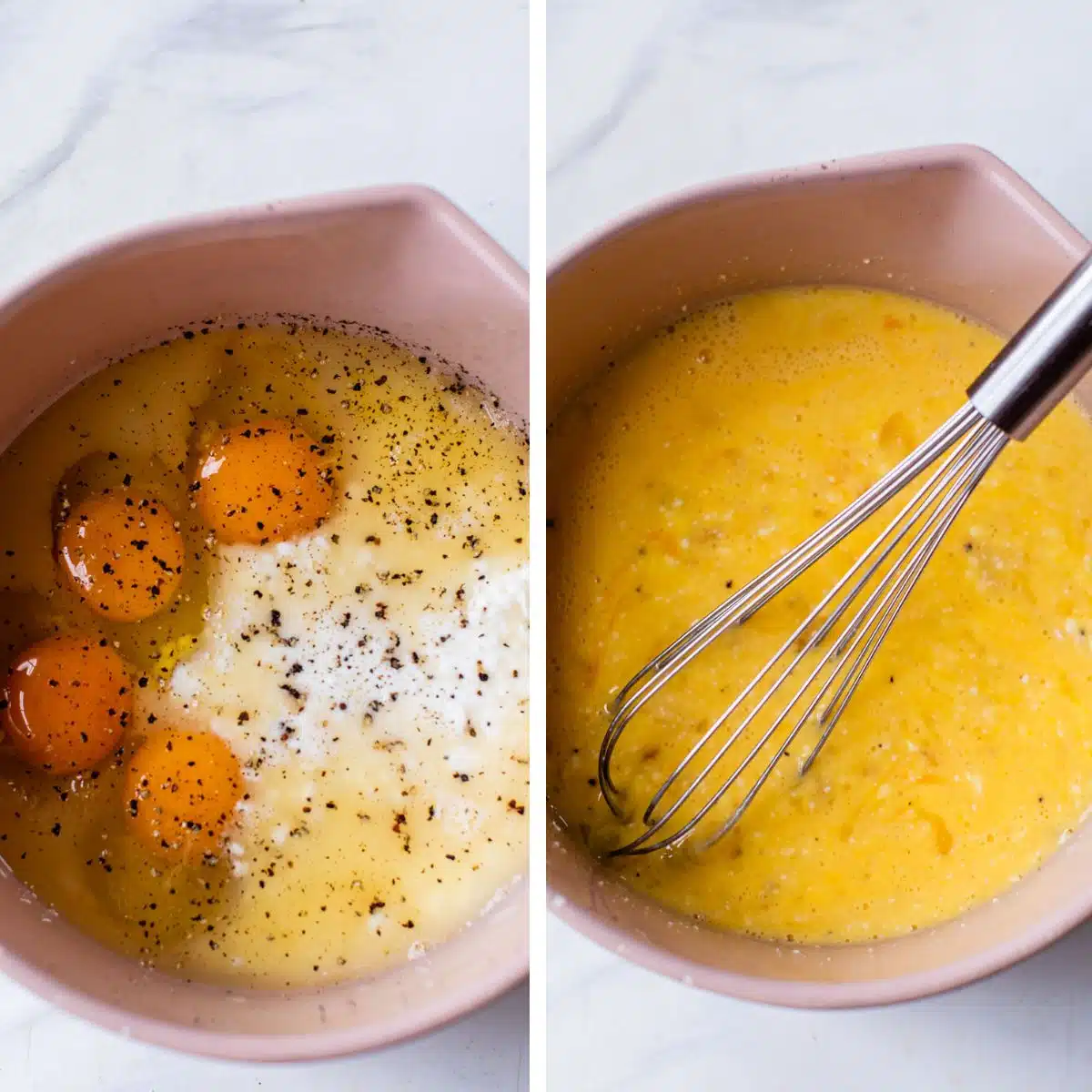2 images: the left image shows eggs, cottage cheese, and spices in a bowl while the right image shows those ingredients whisked together in a bowl