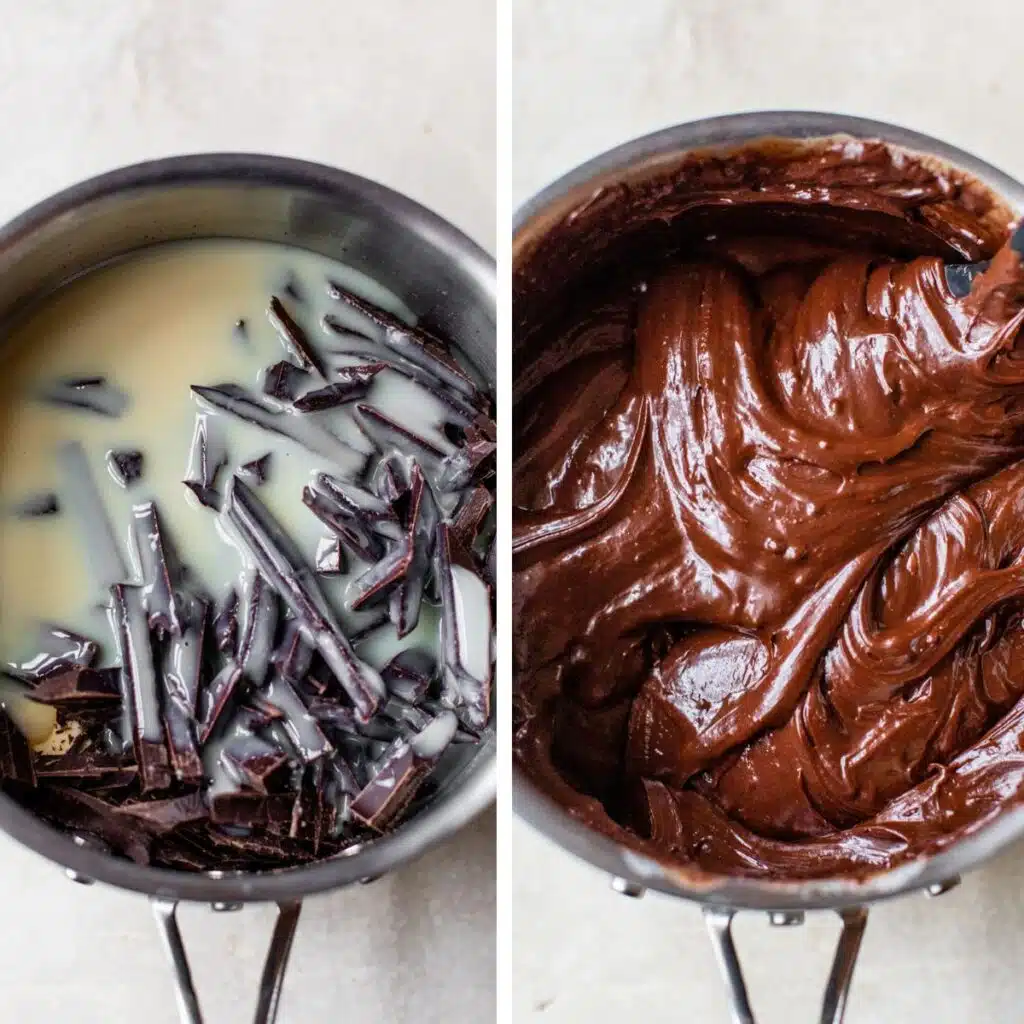 2 images: milk and chopped chocolate in a saucepan on the left and melted together on the right