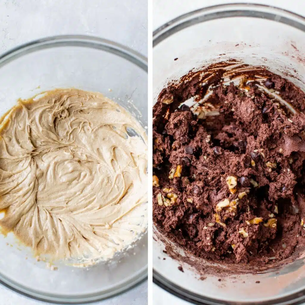 2 images: a bowl with whisked butter and sugar on the left and with cocoa powder, flour, chocolate chips and walnuts added on the right