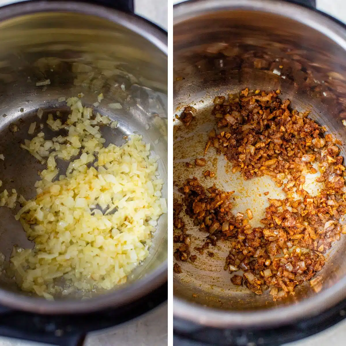 2 images: the left image shows onion cooking in an instant pot and the right image shows the onion with ginger and spices cooking in an instant pot