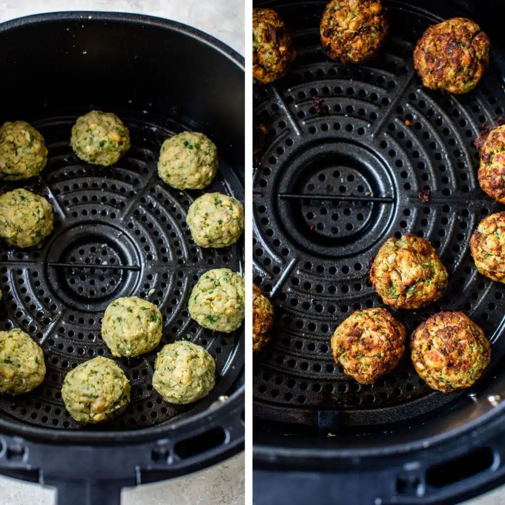2 images: uncooked falafel in an air fryer on the left and cooked falafel on the right