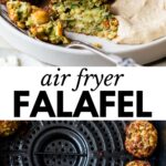 2 images: falafel with hummus, tomatoes and cucumber on top and cooked falafel in an air fryer on the bottom