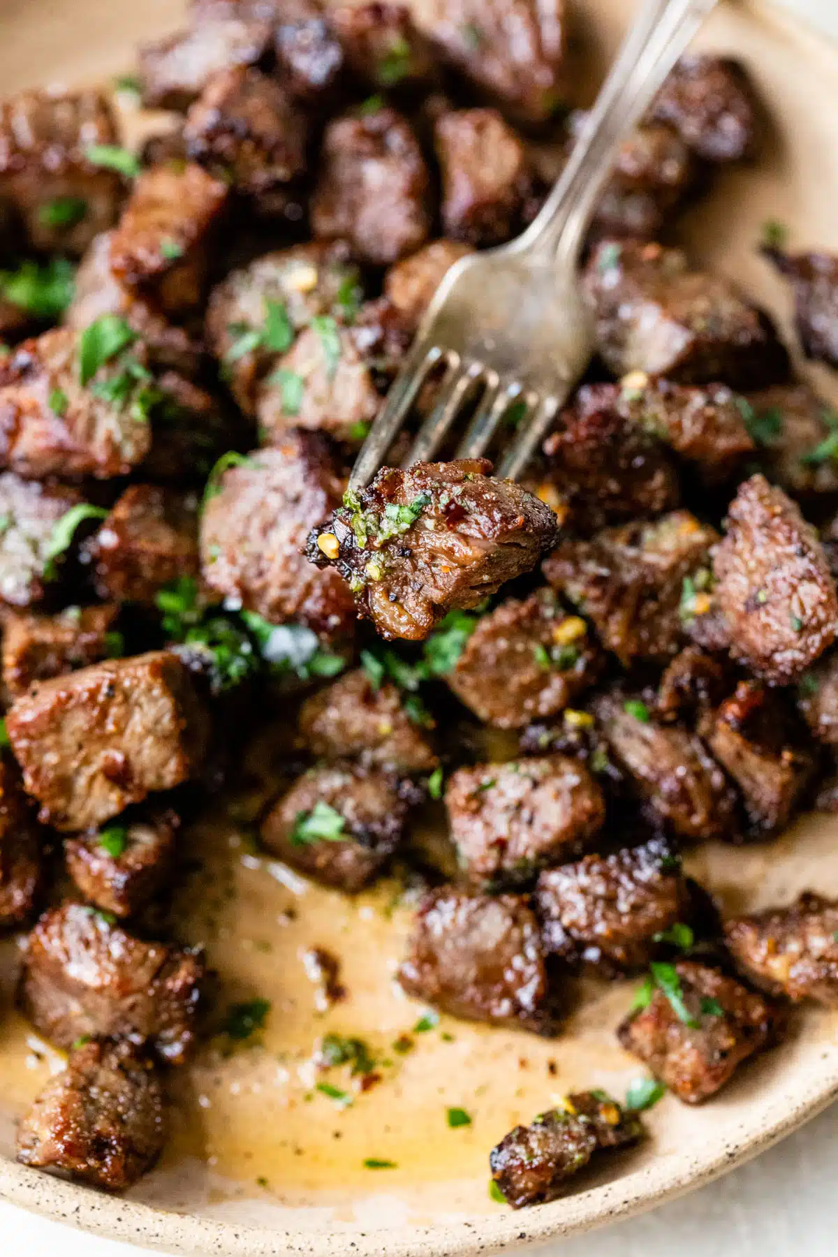 steak bites on a plate with a fork