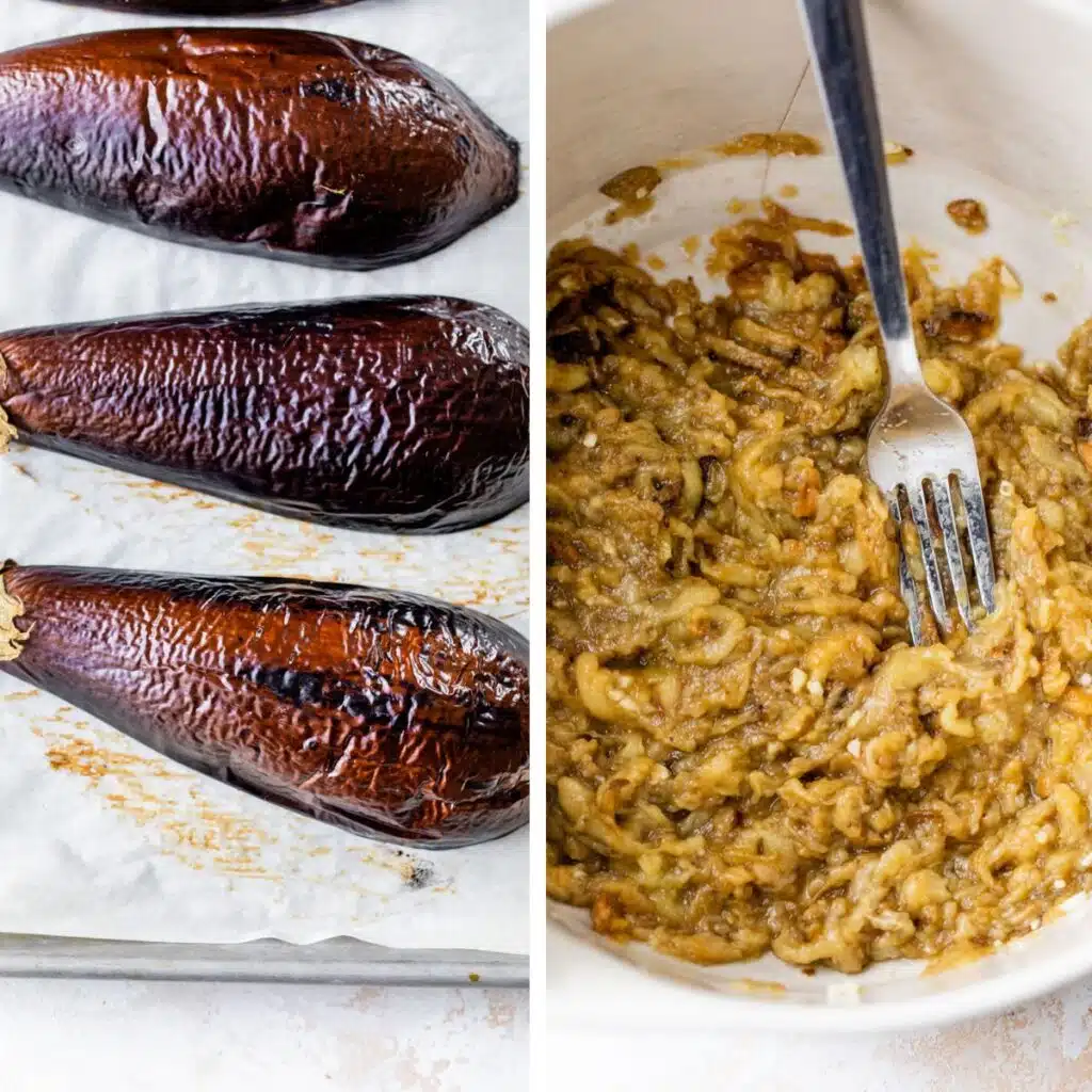 2 images: roasted eggplant on a baking sheet in the left and mashed in a bowl on the right