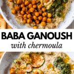 a bowl of baba ganoush topped with chickpeas and sliced zucchini