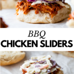 2 images: the top image shows a close-up of a BBQ chicken slider and the bottom image is of a BBQ chicken slider being made with meat and coleslaw on top