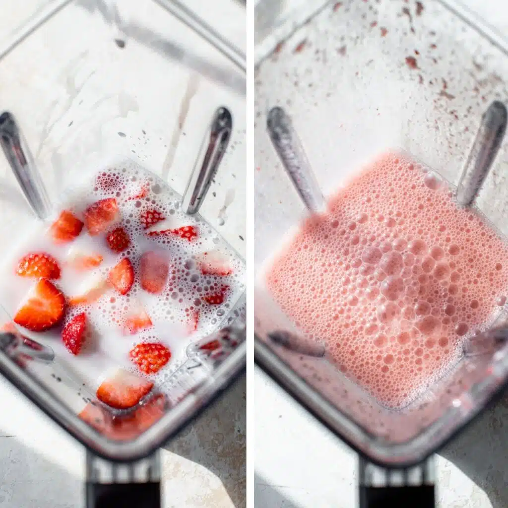 2 images: milk and strawberries in a blender on the left and blended together in a blender on the right