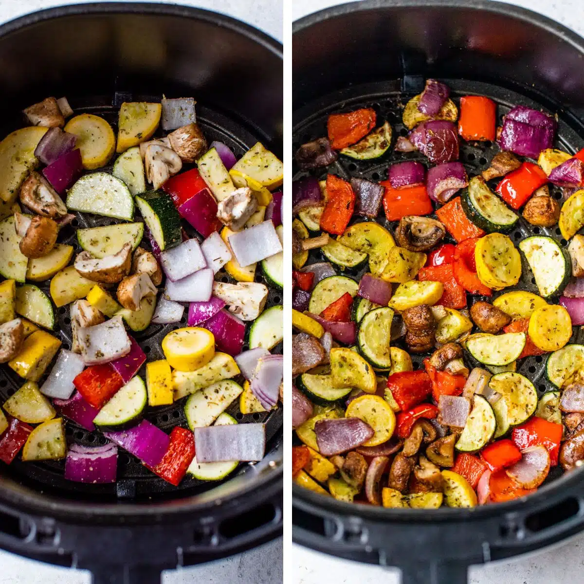 2 images: the left image shows chopped vegetables placed in an air fryer and the right image shows the vegetables roasted in an air fryer
