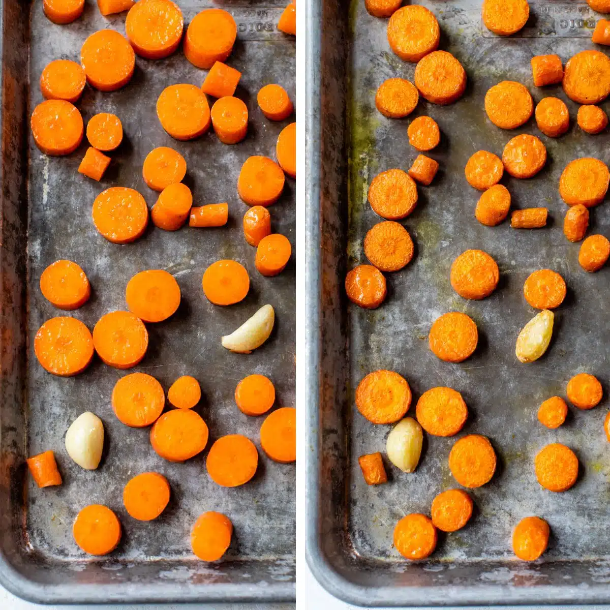 2 images: the left images shows sliced carrots on a baking sheet and the right image shows the carrots on a baking sheet having been roasted