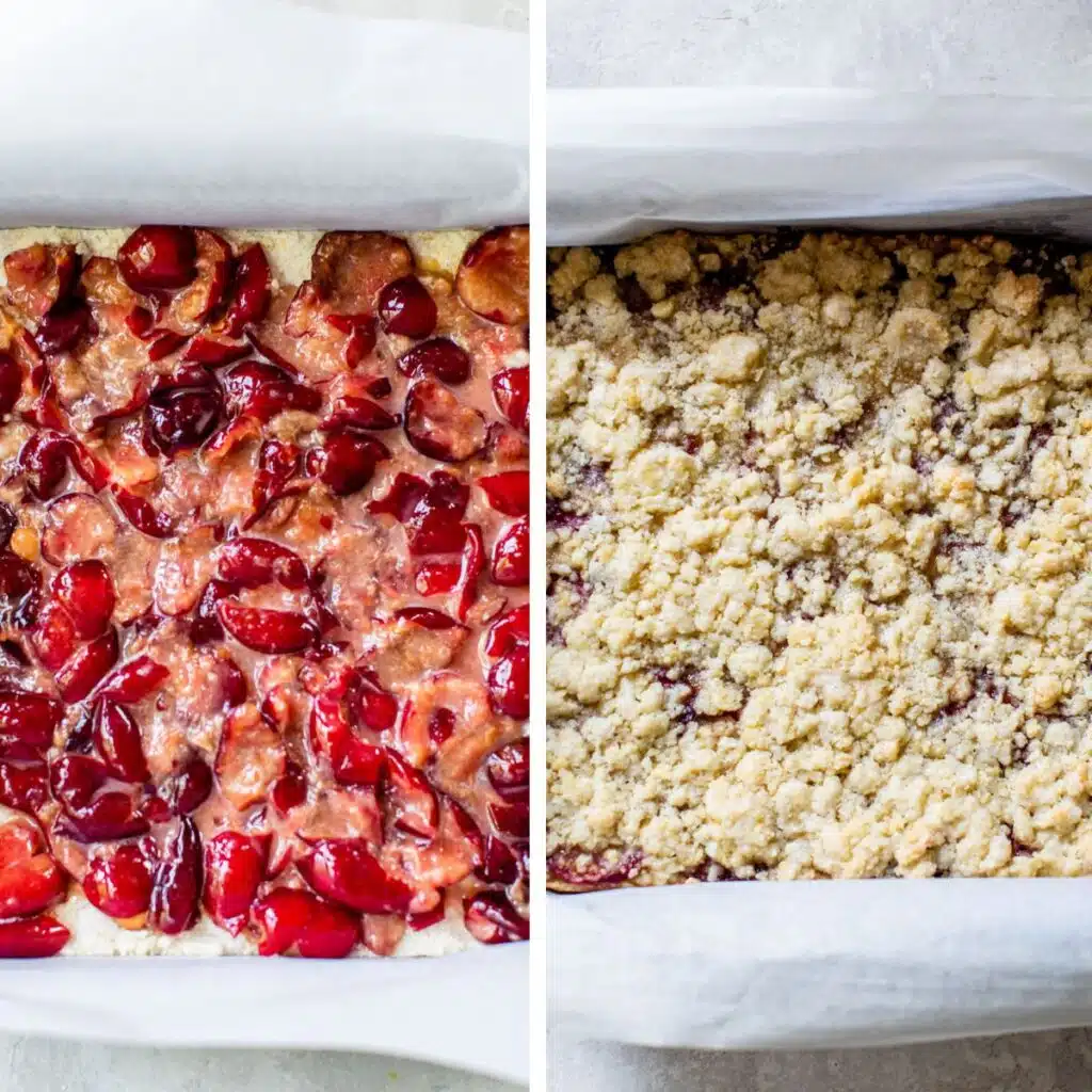 2 images: bars in a baking dish topped with fresh mashed cherries on the left and topped with a crumb topping on the right