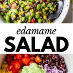 2 images: the top image is of the edamame salad in a bowl with a spoon and the bottom image is of all the ingredients separated in a bowl with spicy avocado dressing in the center