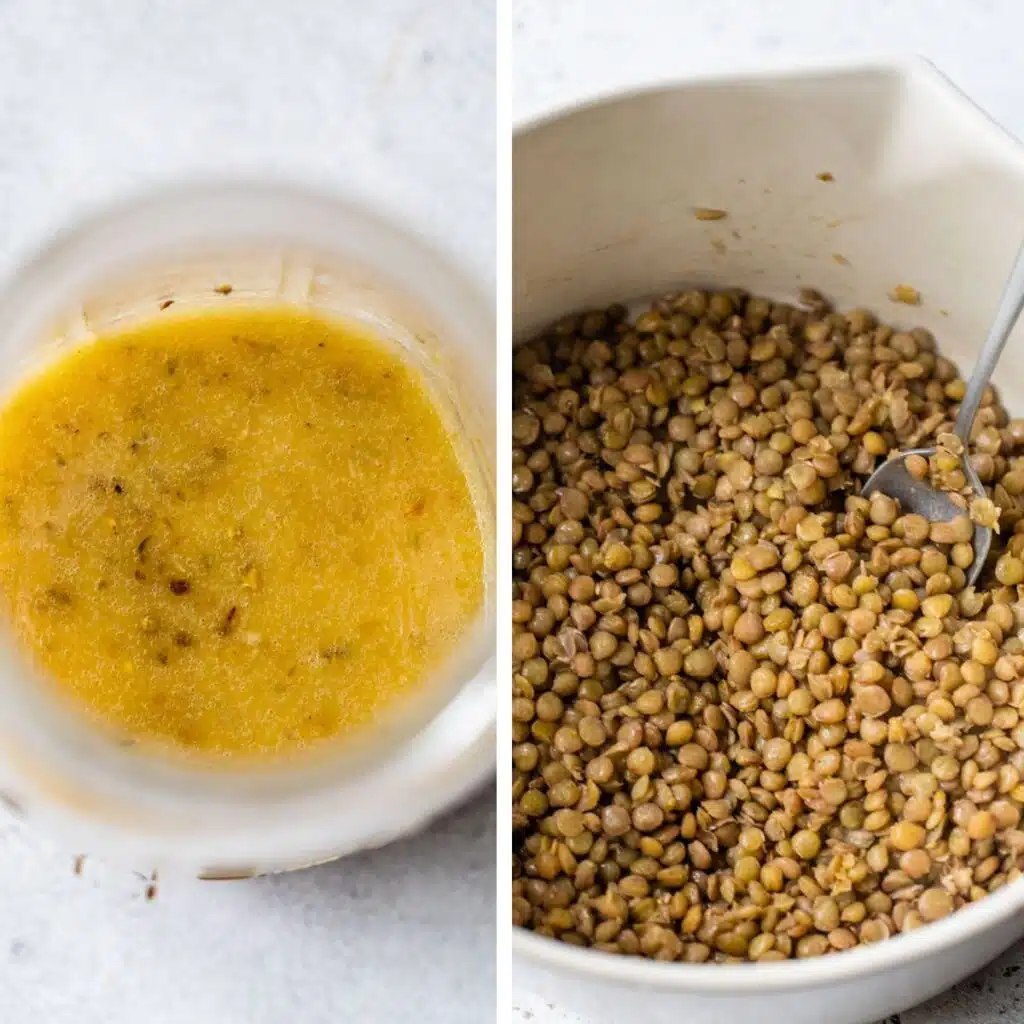 2 images: salad dressing in a glass jar on the left and cooked lentils in a large bowl on the right