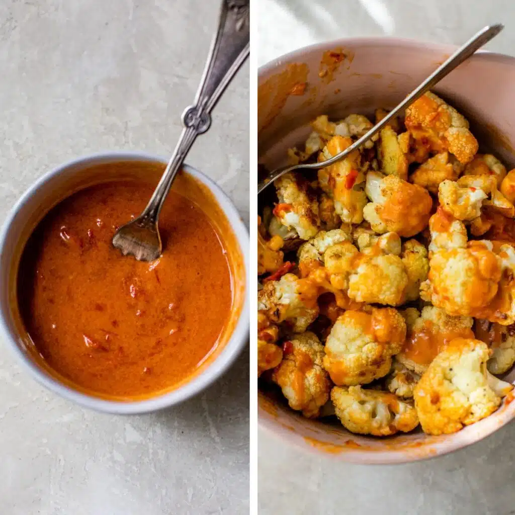 2 images: red-colored sauce in a small bowl on the left and roasted cauliflower coated in sauce in a bowl on the right
