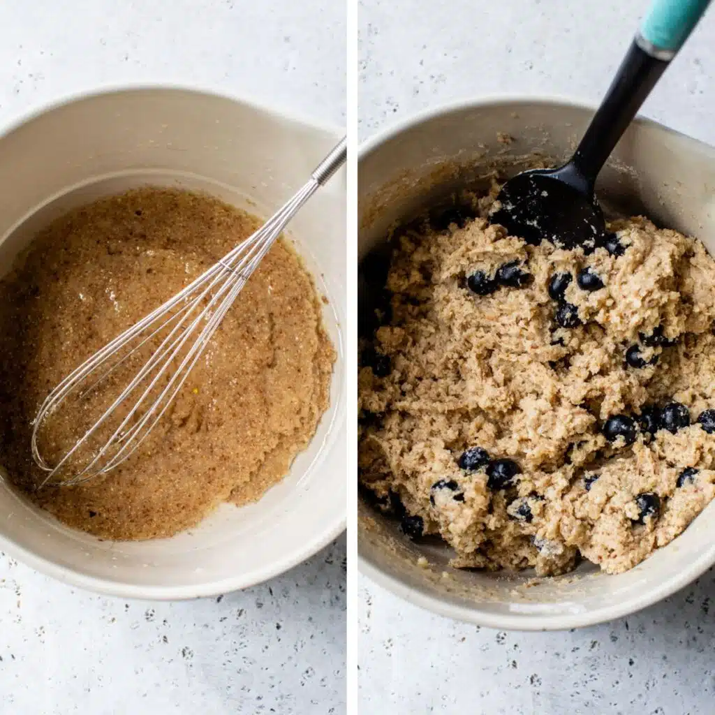 2 images: wet ingredients in a mixing bowl on the left and with dry ingredients and blueberries added on the right