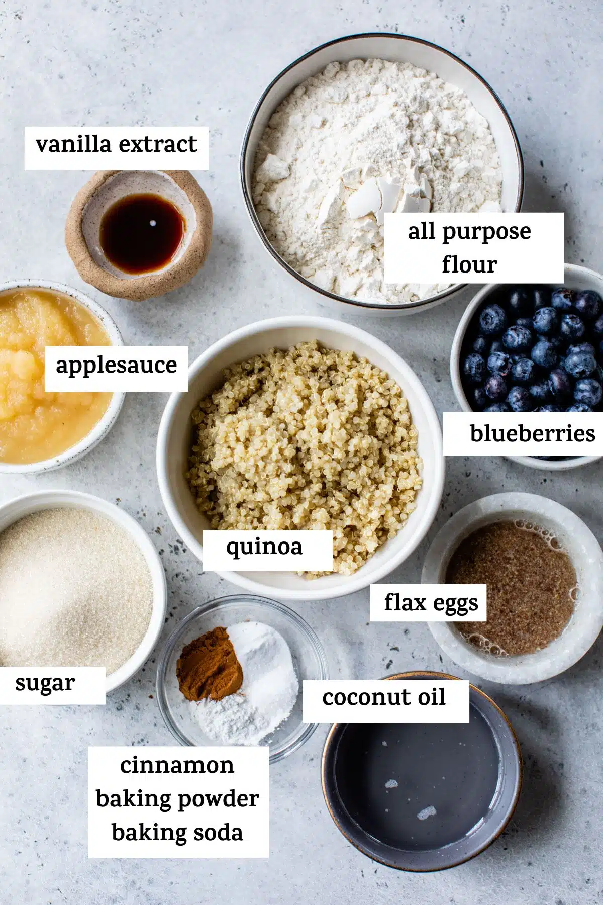 ingredients to make muffins like flour, sugar and quinoa