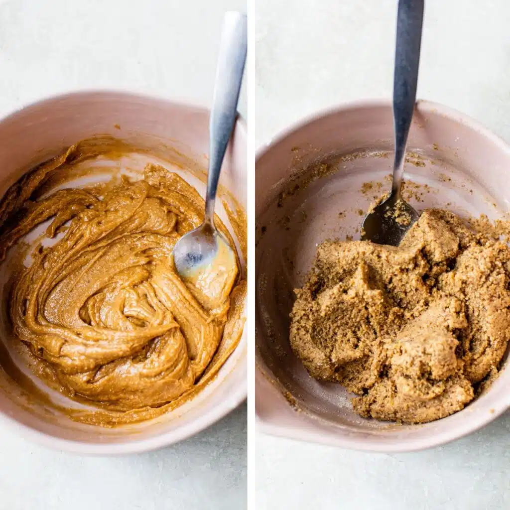 2 images: nut butter in a mixing bowl on the left and combined with other dry ingredients on the right