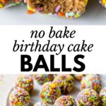 2 images: a cake ball covered in sprinkles with a bite taken out of it and cake balls on a plate