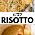 2 images: the top image shows orzo risotto in a bowl with grated cheese on top and the bottom image shows the risotto cooking in broth and wine
