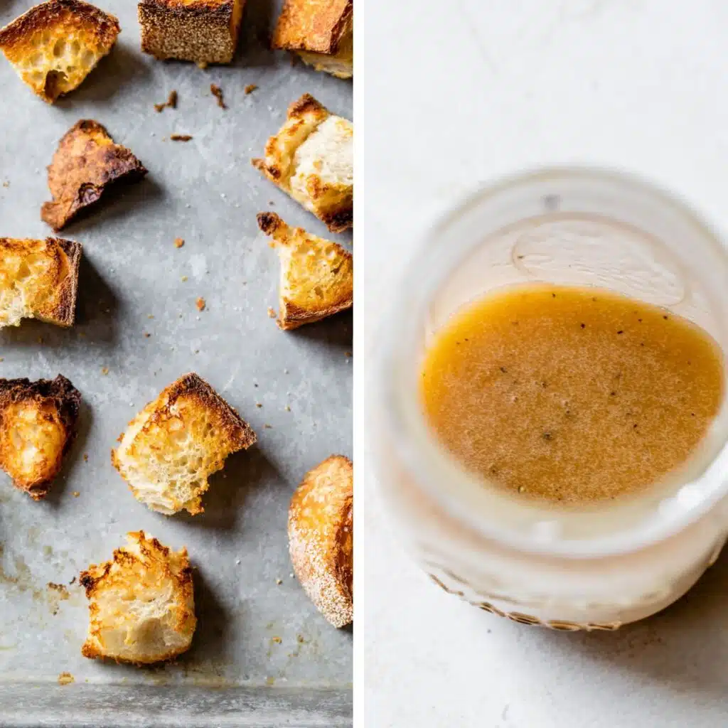 2 images: toasted bread cubes on a baking sheet on the left and a vinaigrette in a mason jar on the right