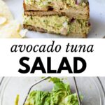 2 images: the top image shows the avocado tuna salad on a sandwich and the bottom image shows mashed avocado in a glass bowl