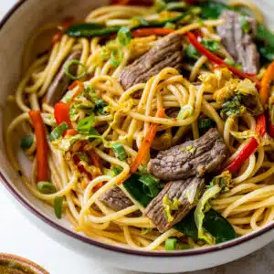 a bowl of lo mein with noodles, vegetables and cooked beef
