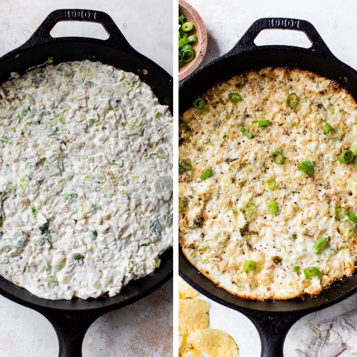 2 images: the right image shows the brussels sprouts and yogurt mixture transferred to a cast iron skillet and the right image shows the brussels sprouts dip baked in a cast iron skillet