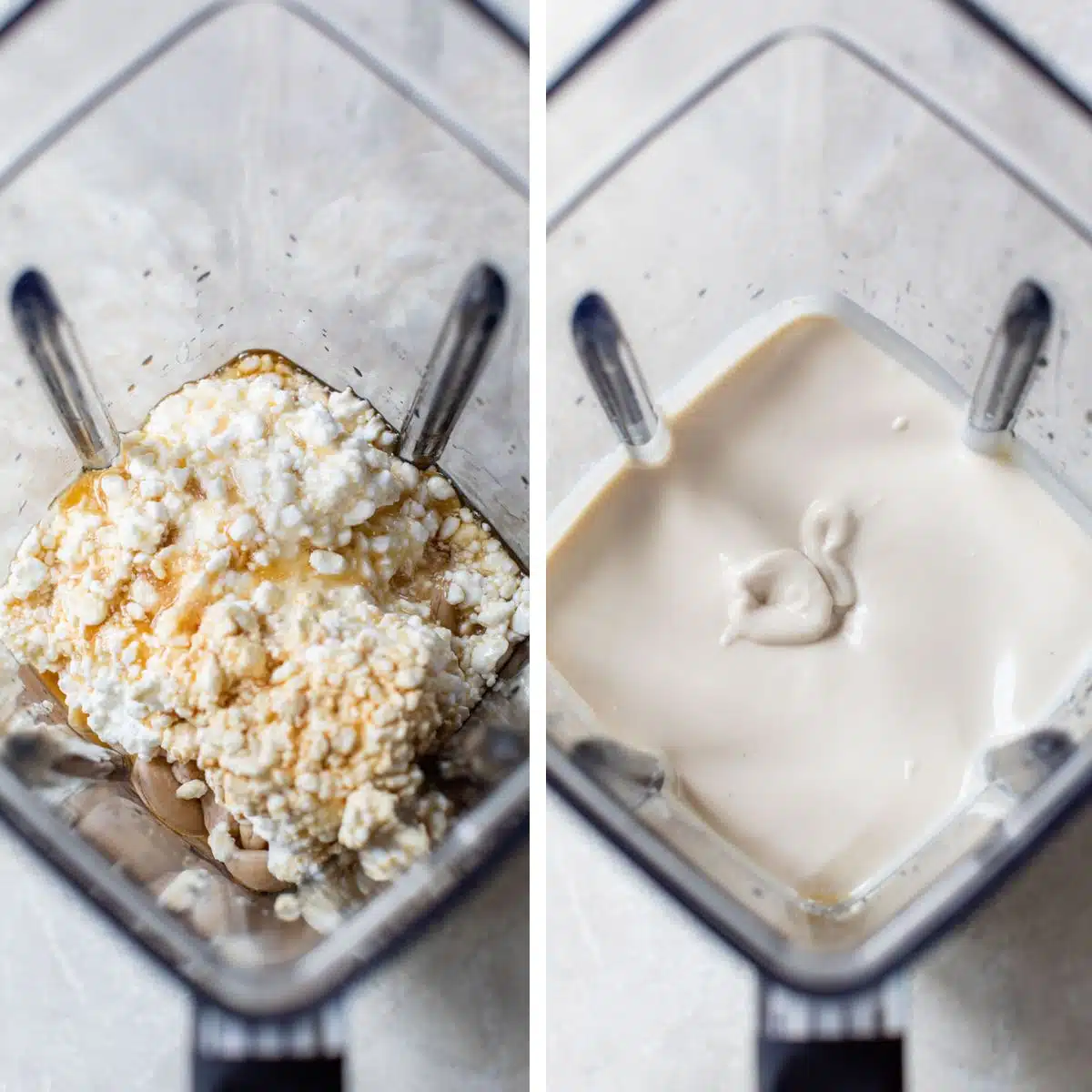 2 images: the left image shows cheesecake ingredients added to a blender and the right image shows those ingredients blended together until smooth