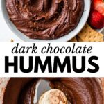 2 images: chocolate hummus in a bowl and chocolate hummus in a food processor