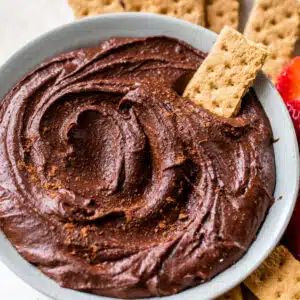 a bowl of chocolate hummus with a graham cracker being dipped in it