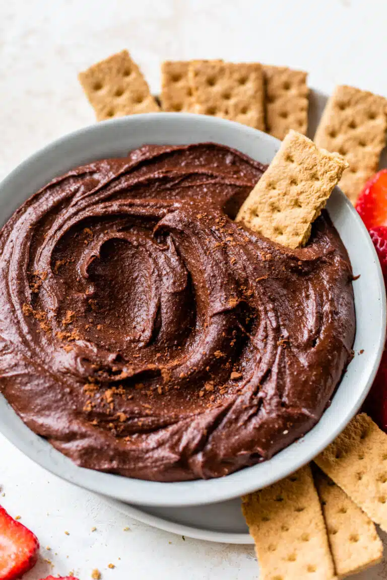 a bowl of chocolate hummus with a graham cracker being dipped in it