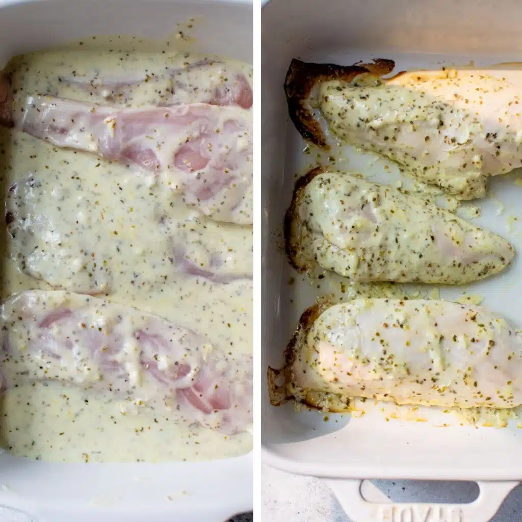 2 images: raw chicken marinating in a sauce in a shallow dish on the left and baked chicken breasts in a dish on the right