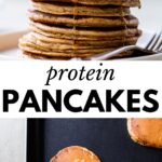 2 images: the top image shows a stack of pancakes topped with yogurt and blueberries and the bottom image shows pancakes cooking on a griddle