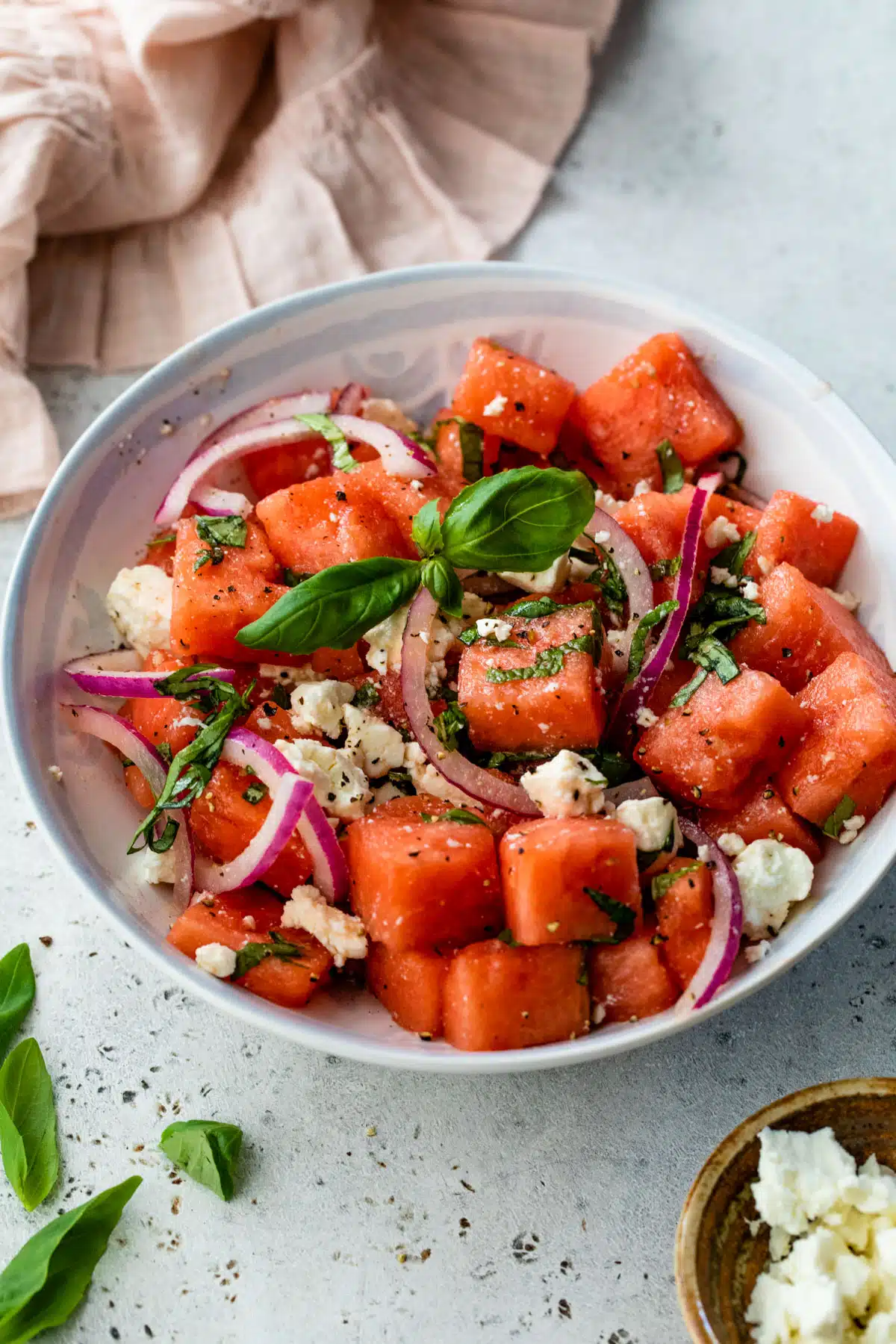 watermelon basil salad in a bowl