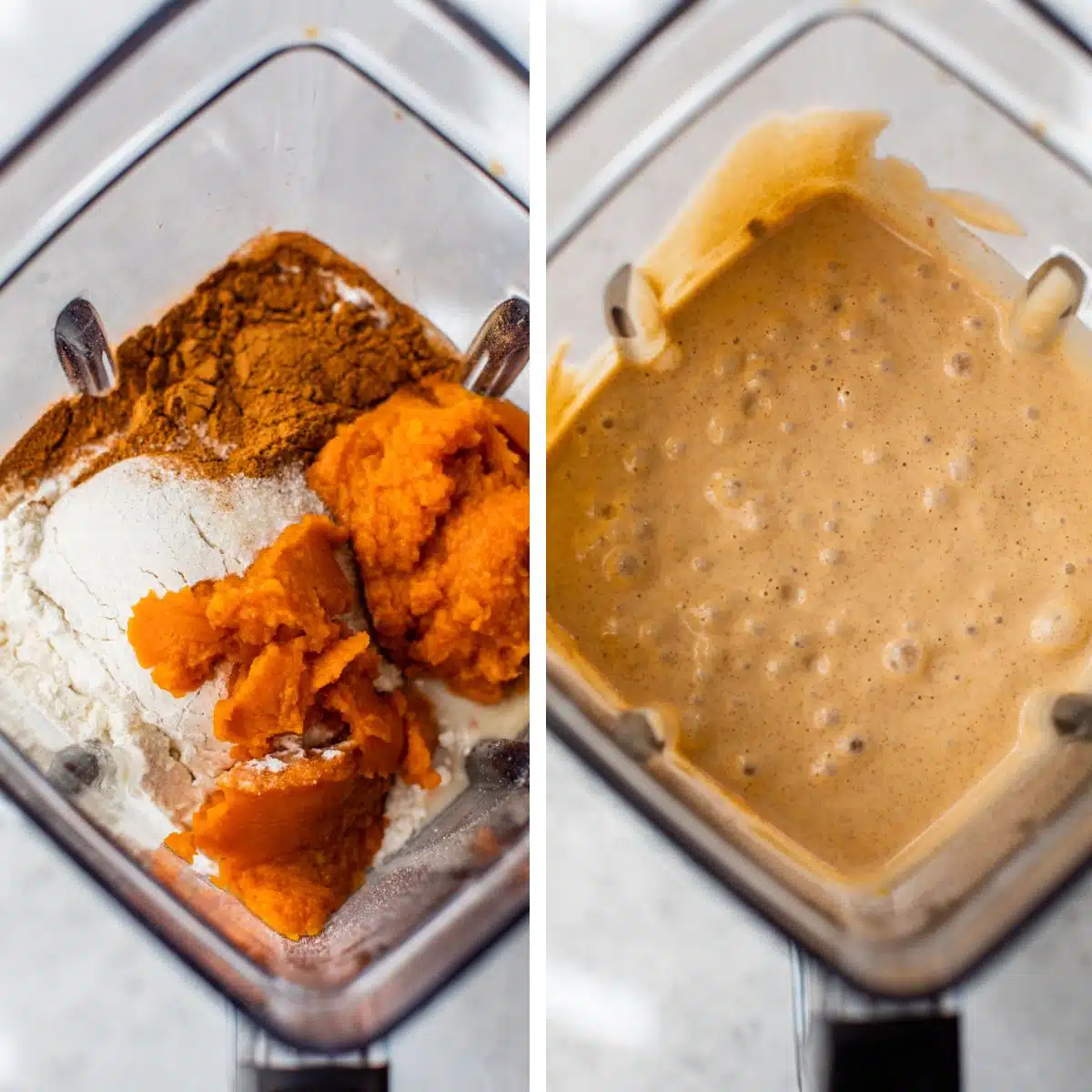 2 images: the left image shows all crepe ingredients added to a blender and the right image shows those ingredients blended together