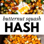 2 images: the top image shows the butternut squash hash with 3 eggs and the bottom image shows chopped pieces of butternut squash cooking in a skillet