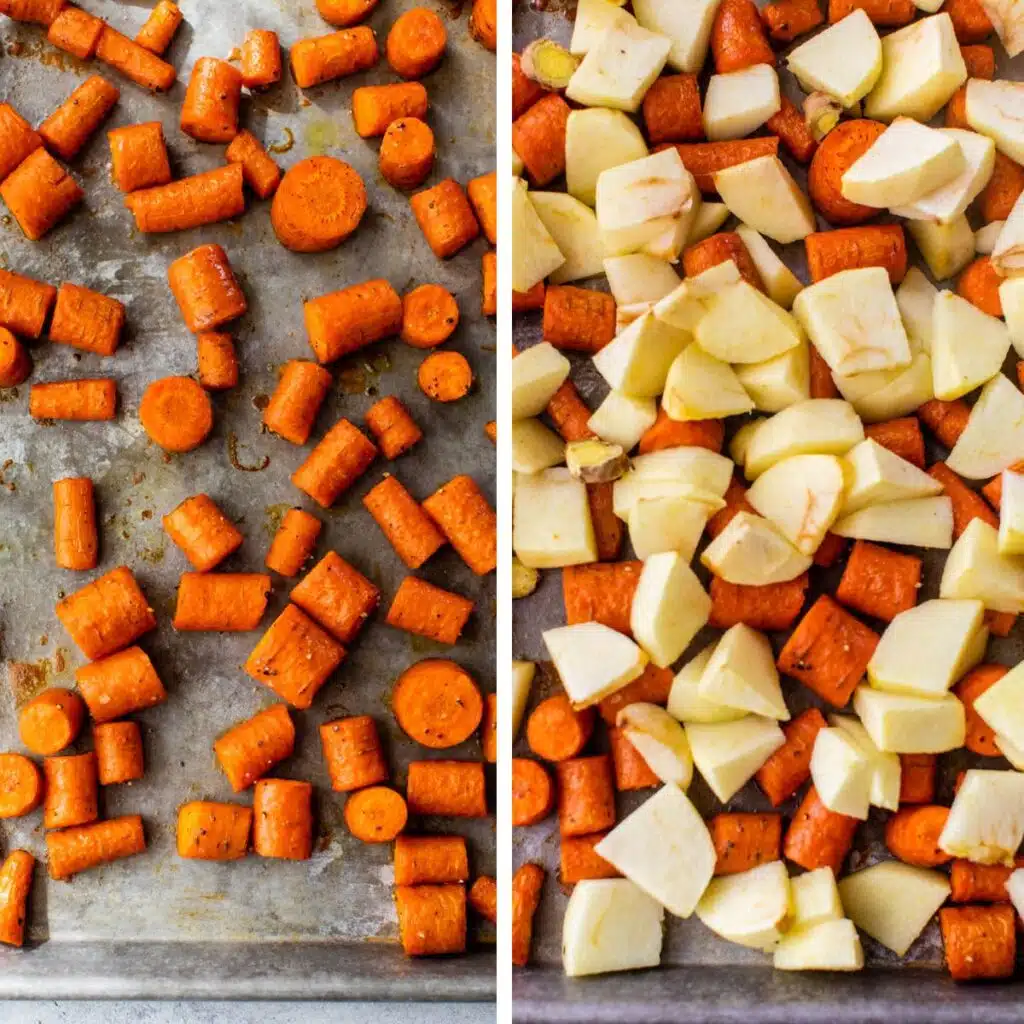 2 images: roasted chopped carrots on a baking sheet on the left and with chopped apples on the right