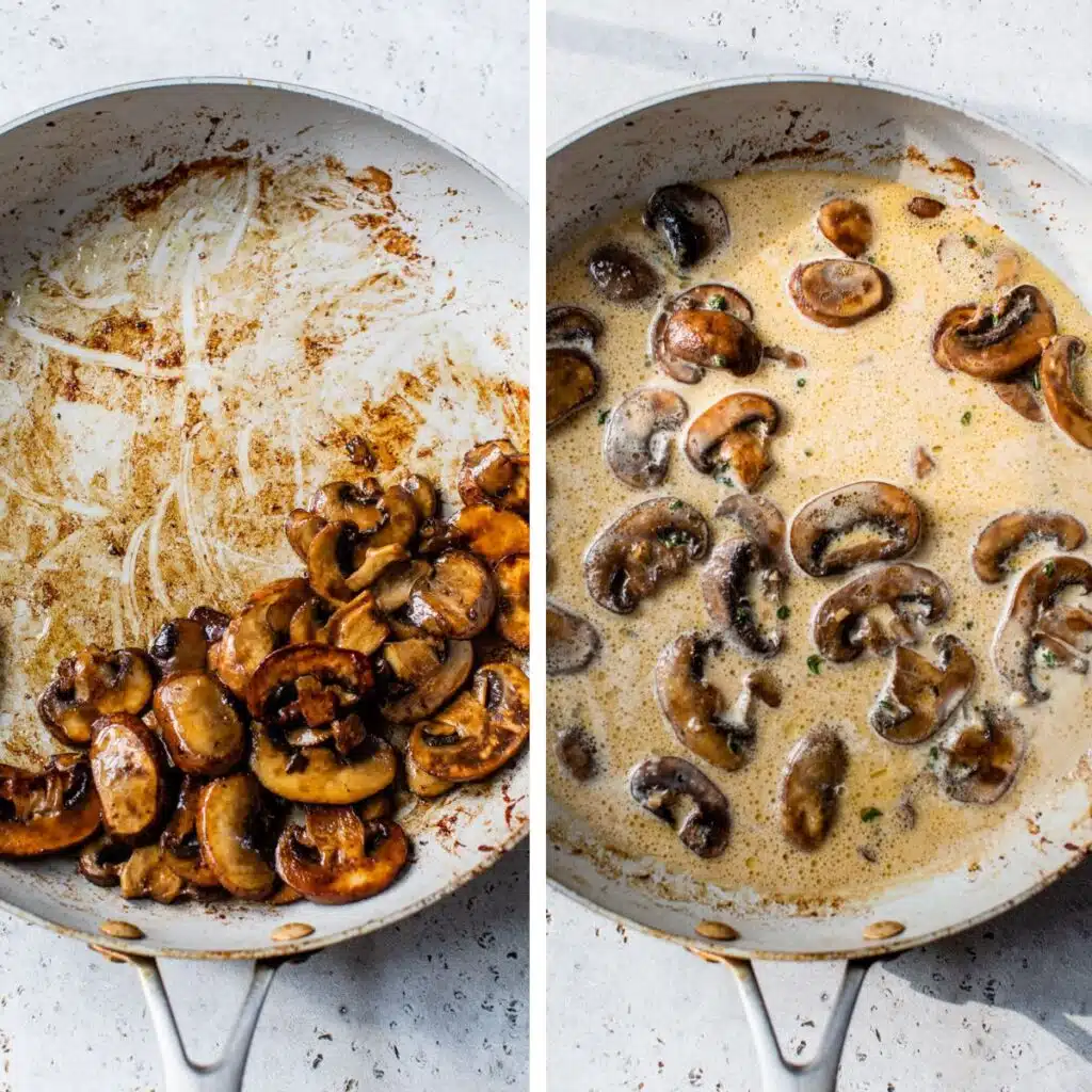 2 images: cooked mushrooms in a skillet on the left and with broth and cream added on the right