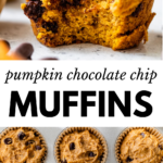2 images: the top image shows a side view of a pumpkin chocolate chip muffin with a bite taken out and the bottom image shows the batter in muffin tins