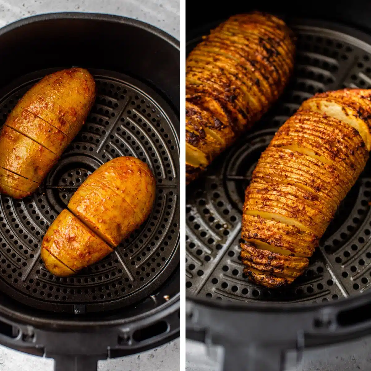 2 images: the left image shows hasselback potatoes in an air fryer and the right image shows the potatoes crispy and browned inside the air fryer