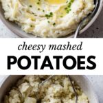 2 images: the top image shows cheesy mashed potatoes in a bowl with a spoon and chives on top and the bottom image shows potatoes being mashed in a large pot