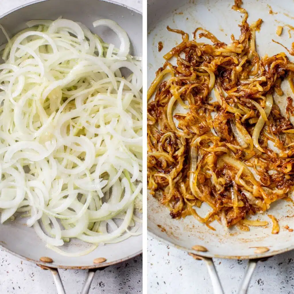 2 images: raw sliced onions in a skillet on the left and caramelized onions in a skillet on the right