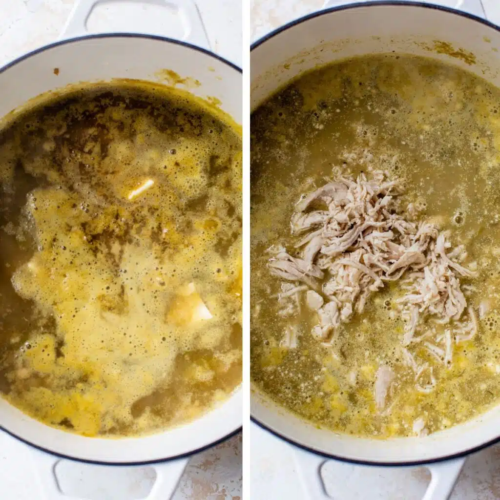 2 images: a pot of soup in a large pot on the left and with shredded chicken added to it on the right