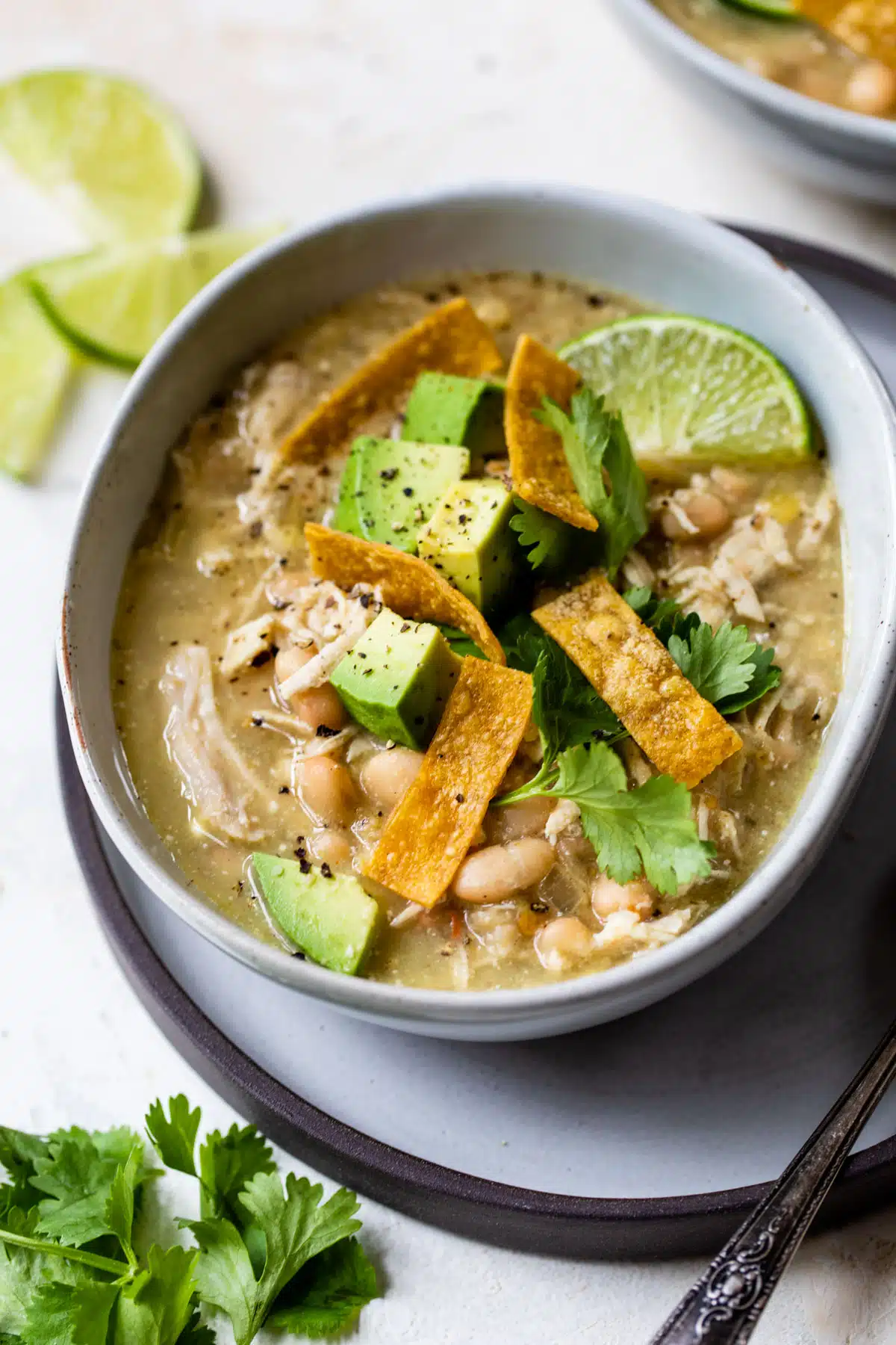 a bowl of soup on a plate filled with shredded chicken and beans and topped with diced avocado, cilantro and tortilla strips