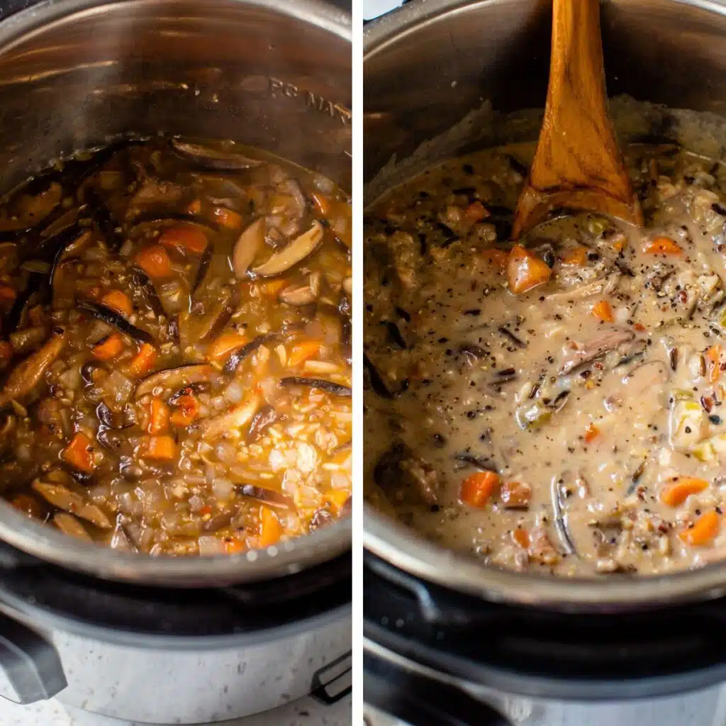 2 images: soup in a pressure cooker on the left with mushrooms, rice and carrots and with milk or cream added to it on the right