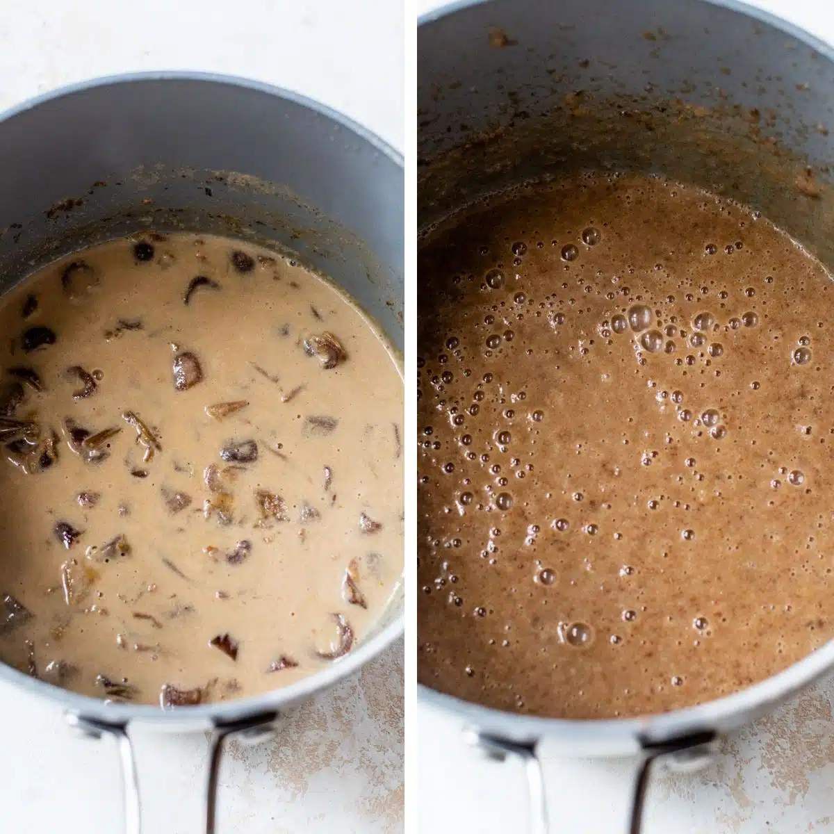 2 images: the left image shows milk and dates simmering together in a saucepan and the right image shows the date mixture blended together in the saucepan