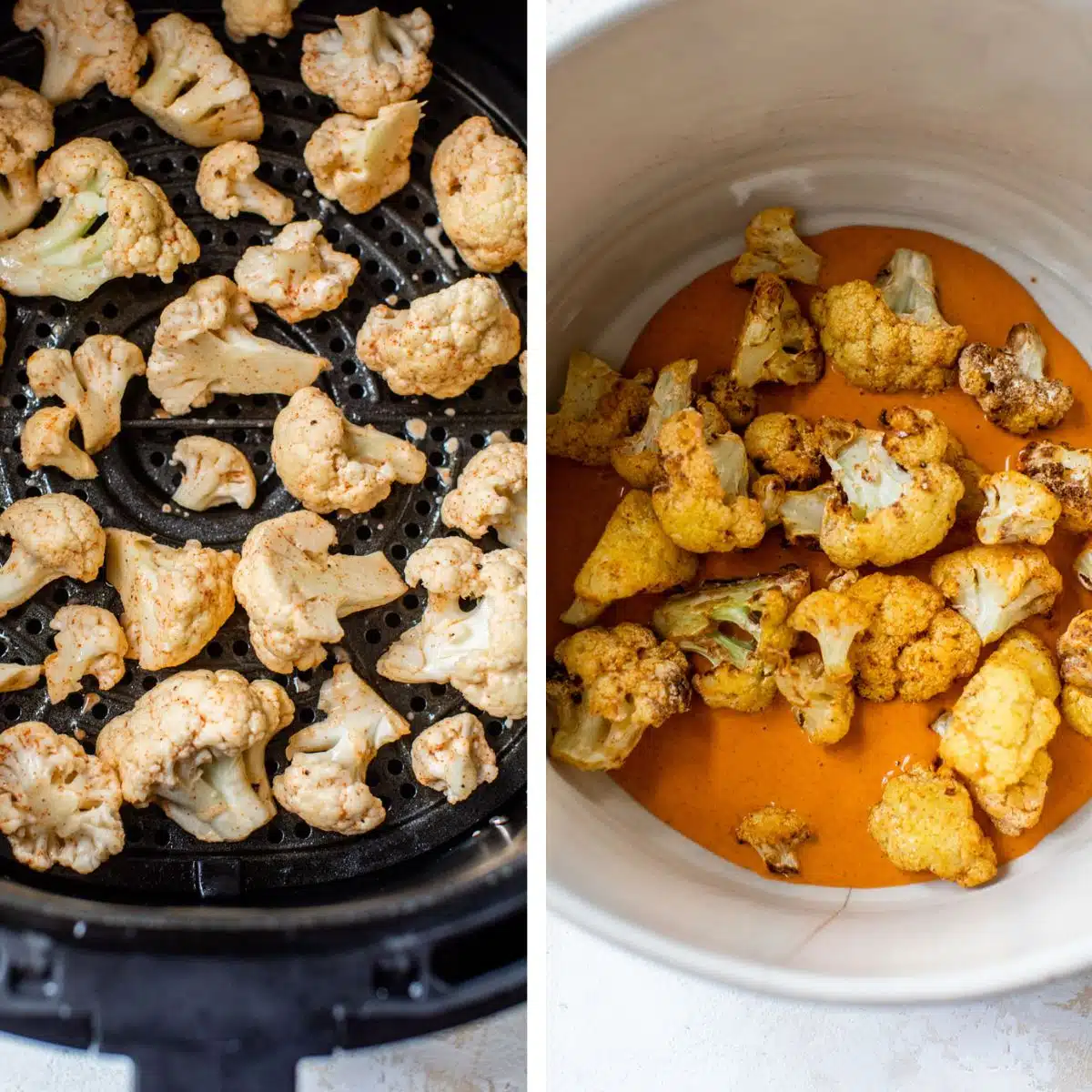 2 images: the left image shows cauliflower florets in an air fryer and the right image shows the cauliflower covered in hot sauce