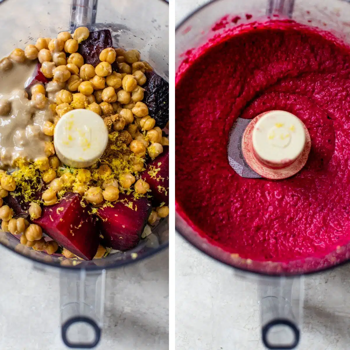 2 images: the left image shows all beet hummus ingredients added to a food processor and the right image shows those ingredients blended