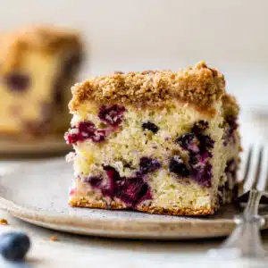 a piece of coffee cake with blueberries on a plate with a fork