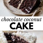2 images: two slices of chocolate cake topped with white icing and shredded coconut